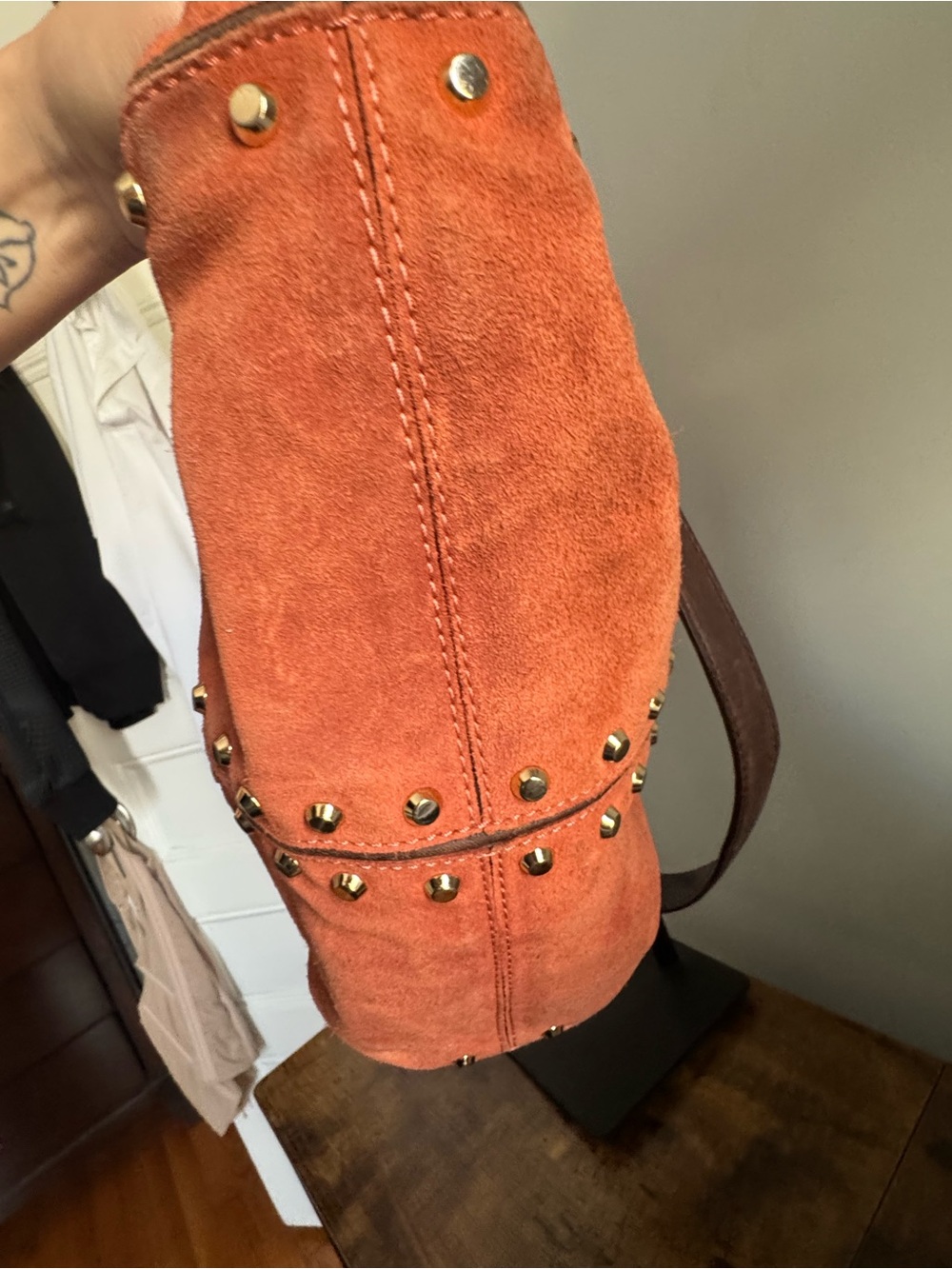 Michael Kors Orange Suede Studded Tote Bag with Gold Accents - Picture 6 of 7